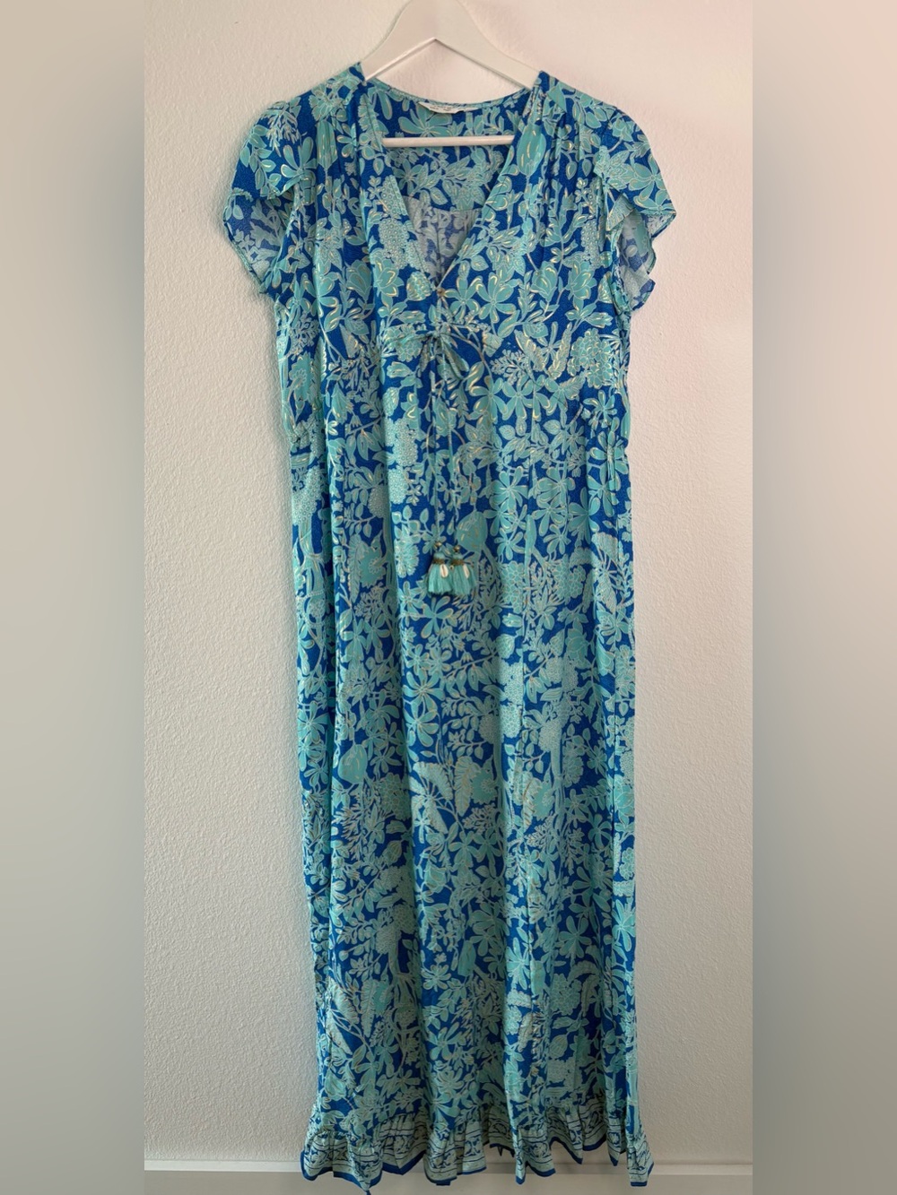 Turquoise Blue Gold Metallic Floral Maxi Dress with Tassel Tie